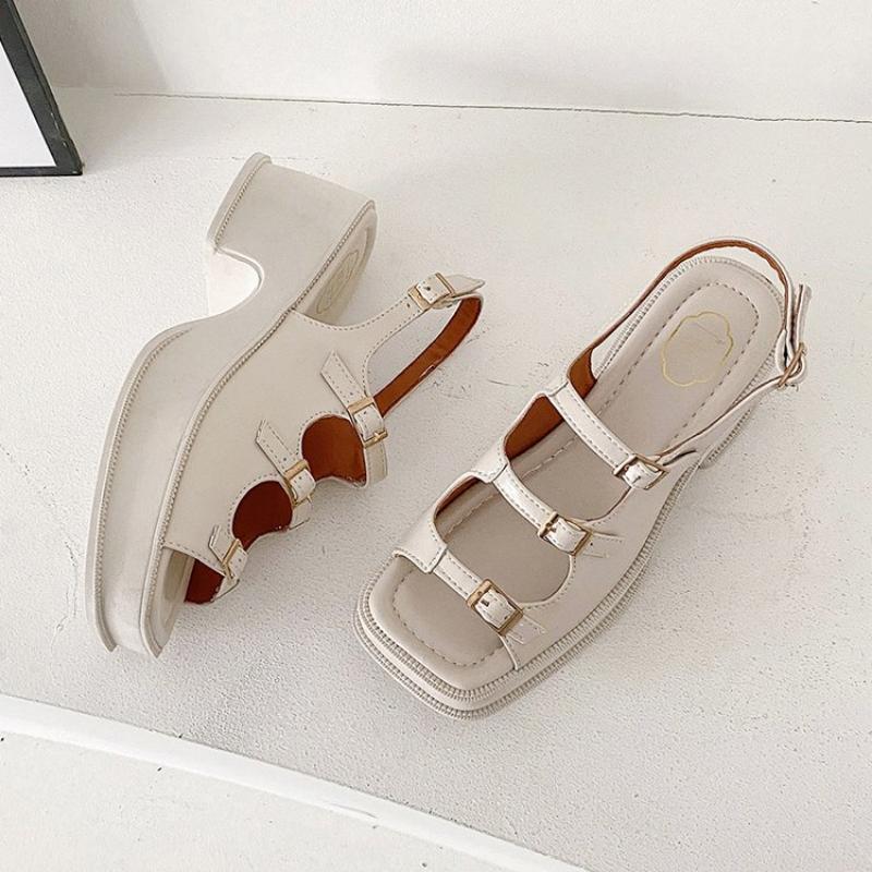2024 Spring New Thick Sole Thick Heel Open Toe Roman Casual Sandals with Buckle Square Head Fashion Comfortable Women's Shoes