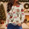 Women's Christmas Print Long Sleeve Top with Round Neck and Side Slit Hem Festive Holiday Blouse