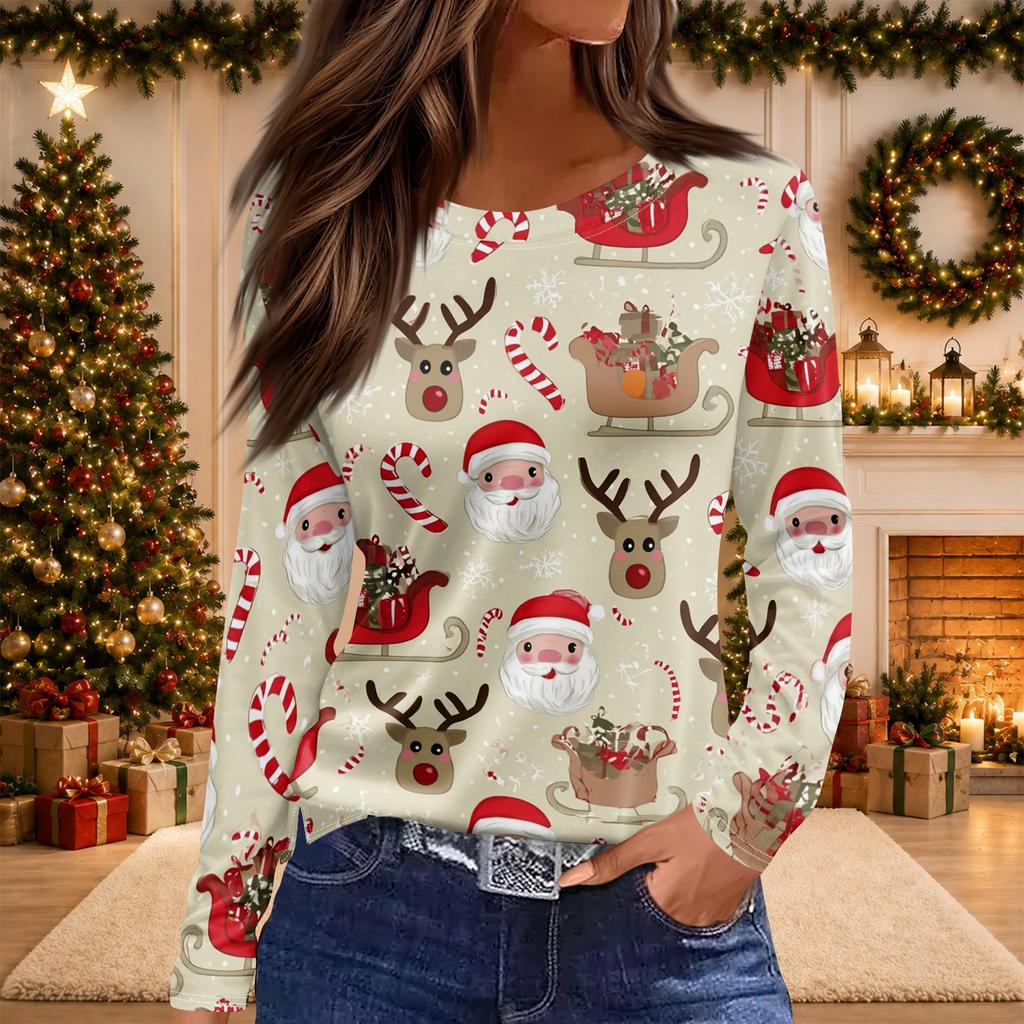 Women's Christmas Print Long Sleeve Top with Round Neck and Side Slit Hem Festive Holiday Blouse