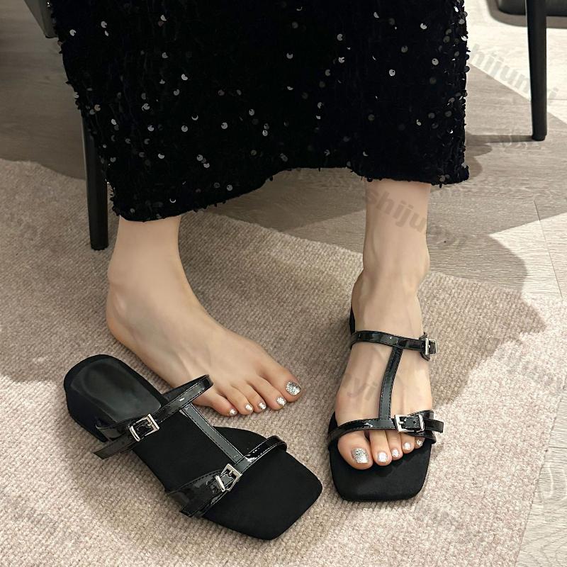 Fashion Large Size Women Shoes 2025 Summer Fashion Non Slip High Heel Slippers Outdoor Square Toe Chunky Heel Buckle Strap Women Sandals