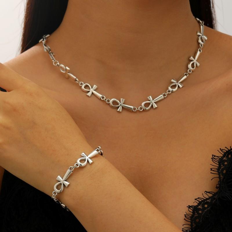 Egyptian Ankh Cross Necklace Bracelet Set Alloy Gothic Pendant Jewelry Women