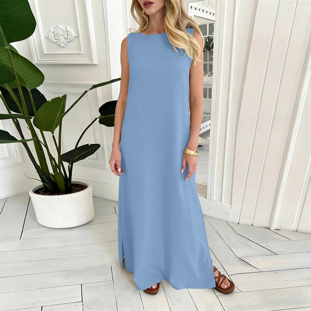 Women's Fashion Round Neck Sleeveless Colour Casual Resort Maxi Dress With Split Hem In Cotton,Linen Blend