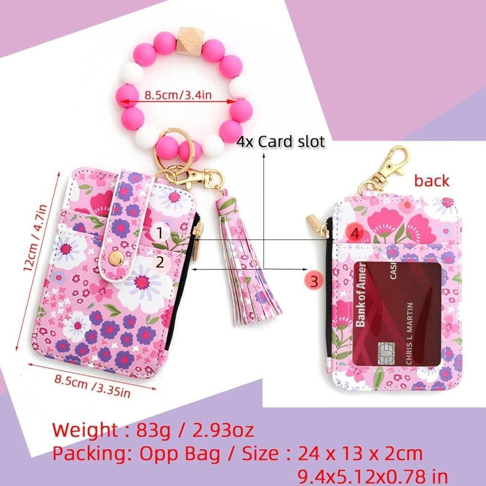 PU Leather Boho Beaded Wallet Keychain Multifunctional Floral Pattern Decorated Wristlet Keychain Wallet Portable