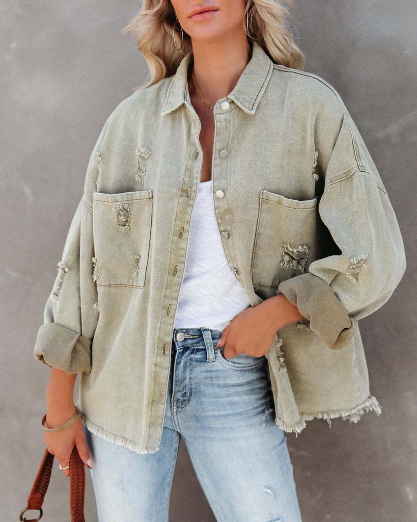 2025 European & American Style Distressed Ripped Denim Jacket for Women