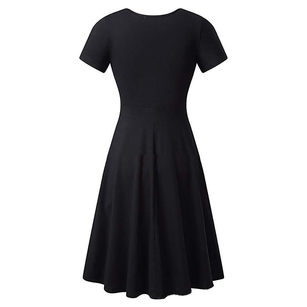 Damen Lässiges Modefarben Kreuz V-Ausschnitt Kurzarm Taille A-Linie Großer Schwung Kleid