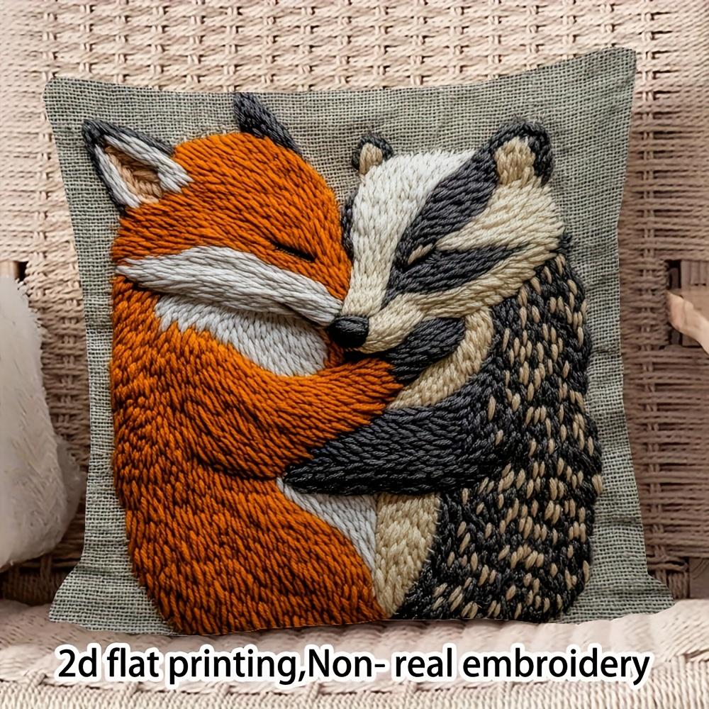 2D flat- Rustic Embossed Style Fox and Badger Hug Throw Pillow Cover Cozy Animal Print Cushion Case for Home Sofa Decor