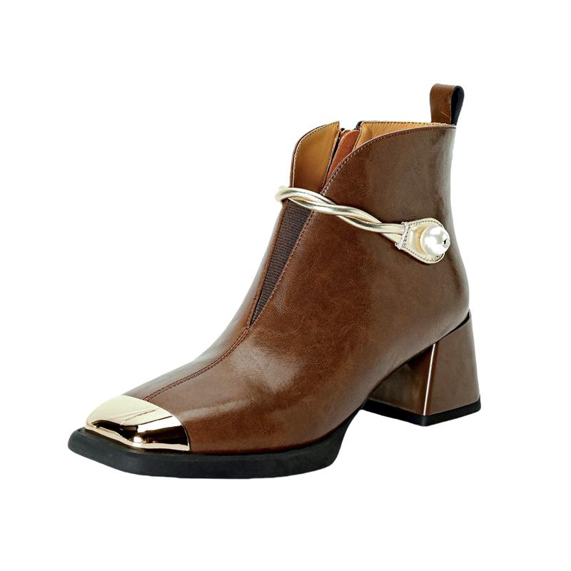Fashion Women's New Autumn and Winter Square Toe Leather Cowhide Metal High-heeled Plus Size and Calf Elastic Fashion Short Boots