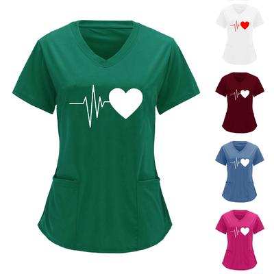 Uniforme da infermiera con stampa 'Battito cardiaco europeo e americano', Scollo a V, Doppia tasca, Maglietta a maniche corte, Taglia grande
