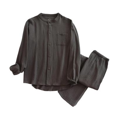 GDenFrog Doppelgaze Langarm Oberteil und Unterteil mit Bündchen Herbst Herren Schlafanzug, 100% Baumwolle, Set, Loungewear, Kragen, Atmungsaktiv, Saugfähig, Frühling,