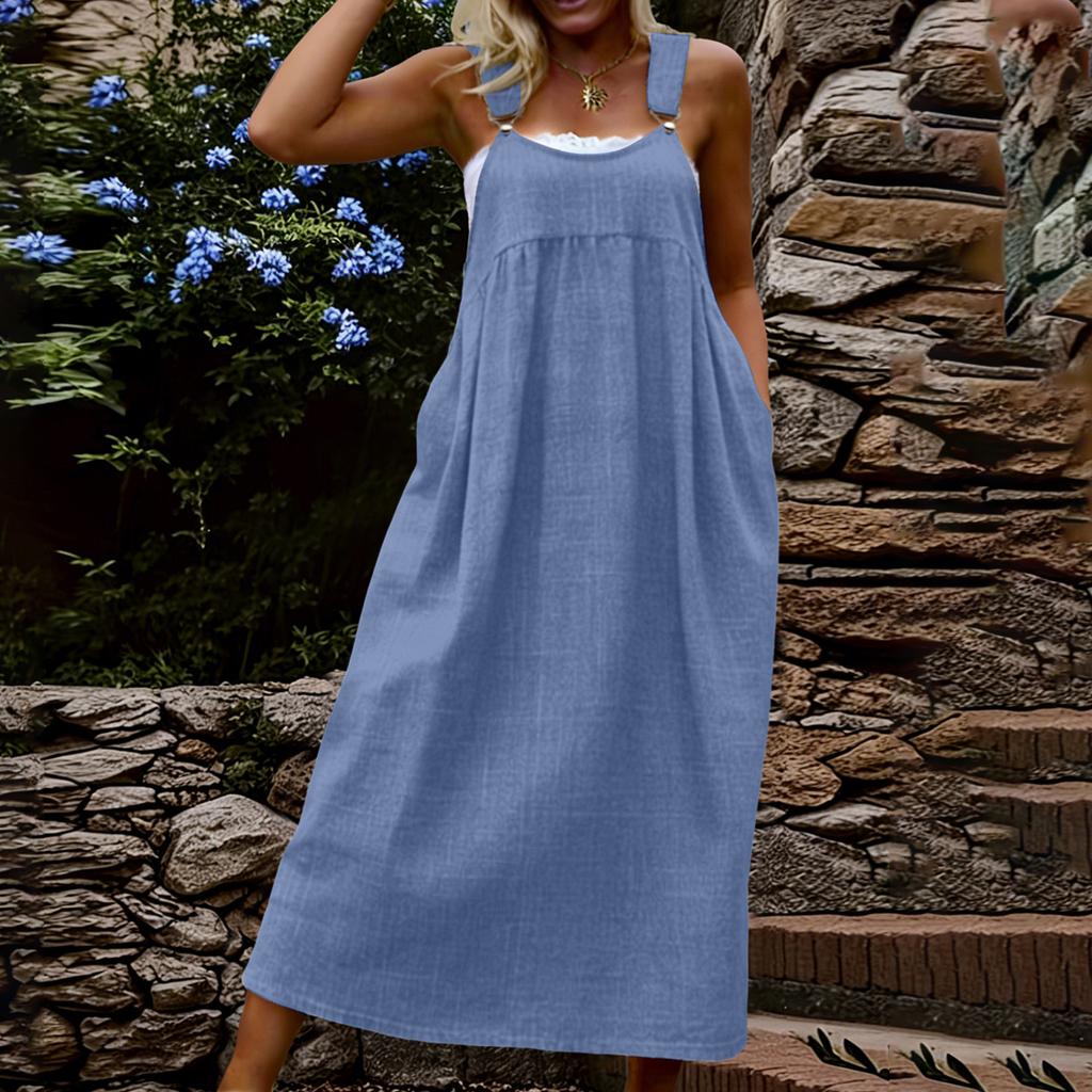 Women Sleeveless Solid Color Pinafore Dress Long Casual Loose Fit Adjustable Strap Maxi Dress with Pockets