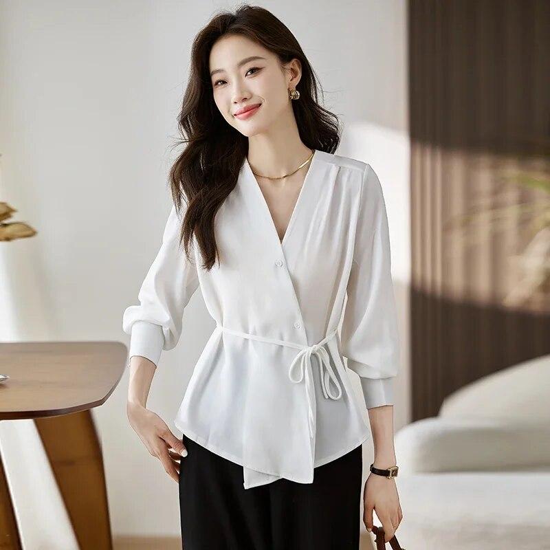 

Осенняя блузка с v-образным вырезом в Корейском стиле на шнуровке, женская элегантная рубашка с длинными рукавами, женские офисные женские топы 29661 L