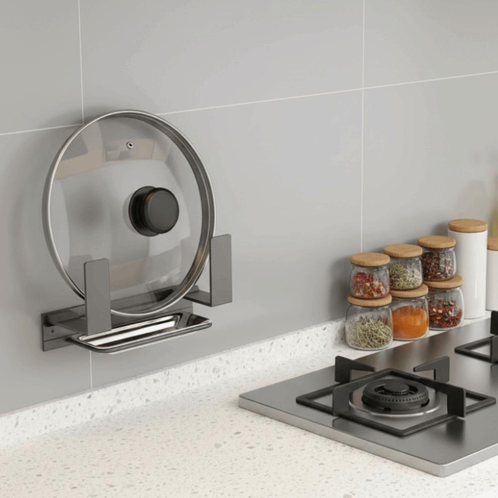 Wall Mounted Pot Lid Rack No-Drill with Drain Tray Cutting Board Holder Space Saving Sturdy Kitchen Storage Rack Balcony Storage