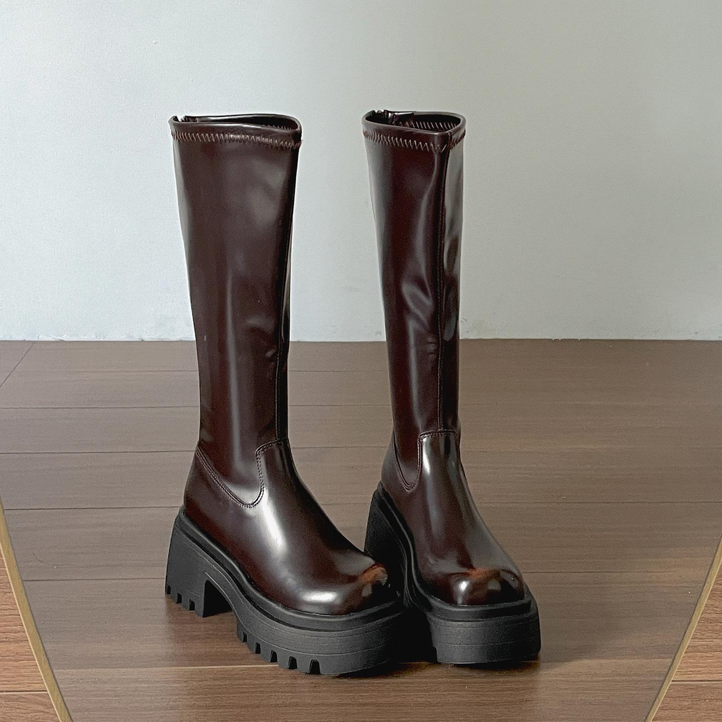 

Retro black British platform boots women s boots 2025 new autumn high-end slim knight boots 36 коричневый