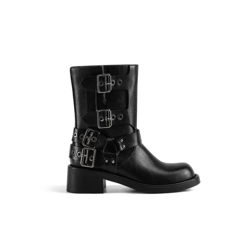 Fashion New Rivet Belt Buckle Black Brown Knee High Boots Autumn Winter Roundhead Punk Style Chelsea Women's Motorcycle Boots Size 36-43