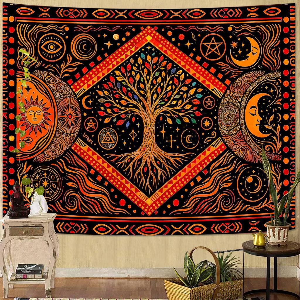 Stained Glass Tree of Life Tapestry Polyester Wall Hanging Colorful Plant Mosaic Art Room Decor for Living Room Bedroom Dorm