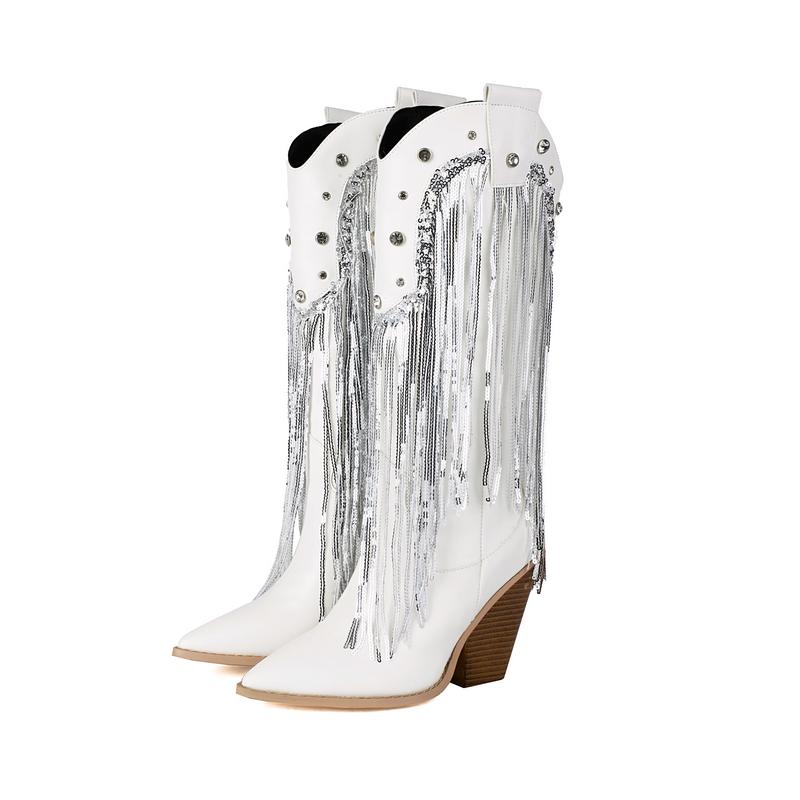 Fashion Ivory Rose Color Pointed Toe Western Cowboy Boots with Sequins Fringes Chunky High Heels Knee-high Glitter Mid-calf Boot Shoes