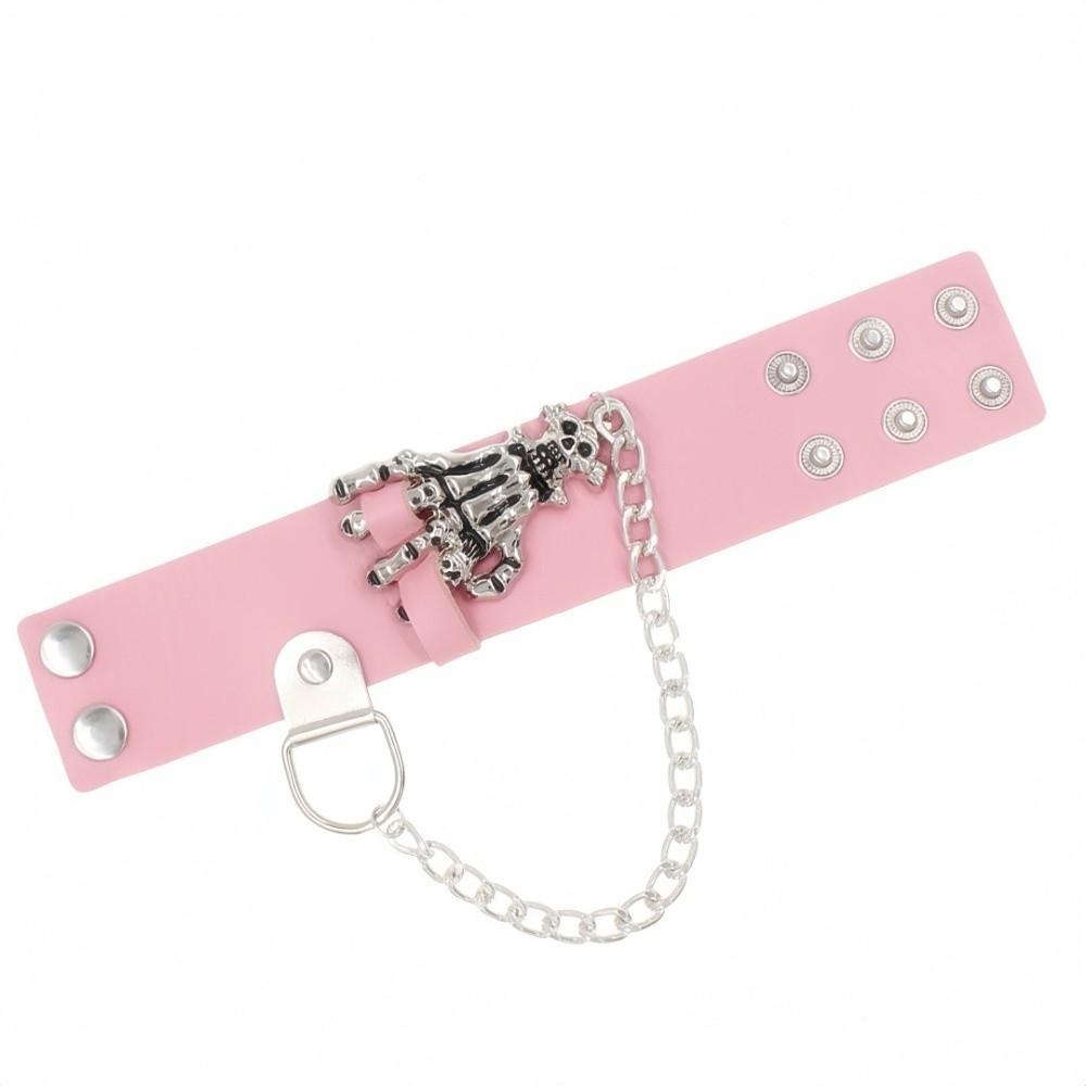 Solid Color PU Leather Bracelet Adjustable Wide Chain Bracelet Dark Style Skull Wristband Unisex