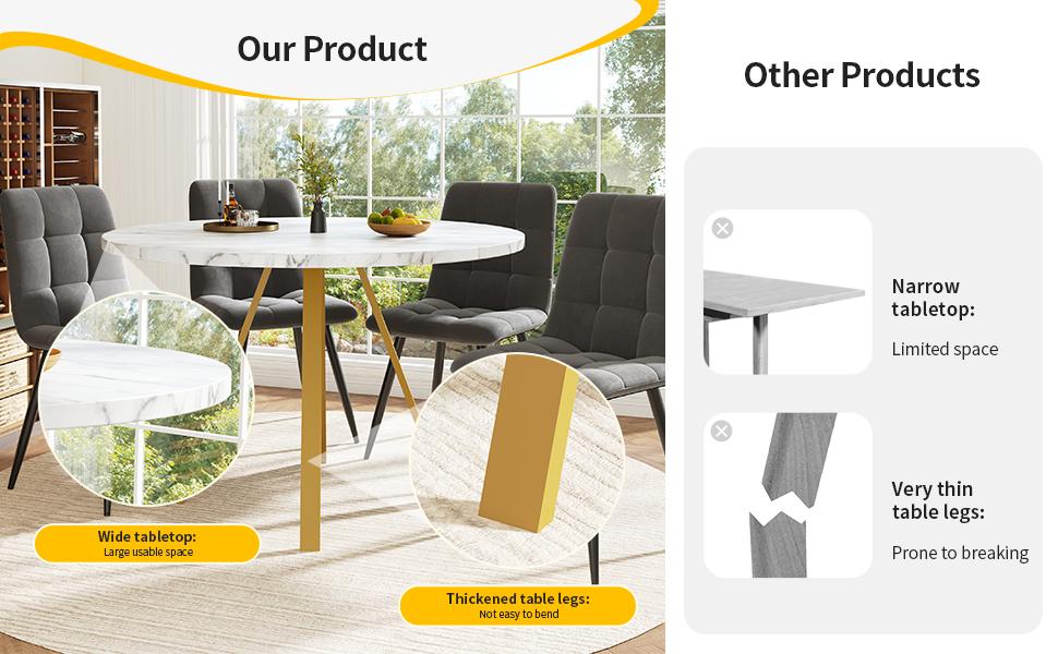 Round Dining Table (80×80×75cm), Coffee Table for 4 People, Dining Room, Living Room, Metal Table Legs, White Marble Pattern and Gold Table Legs
