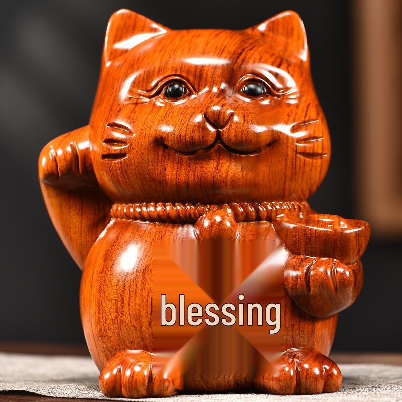 Rosewood Lucky Cat Wooden Ornament - Fortune Cat Decoration for Living Room, Shop, or TV Cabinet.