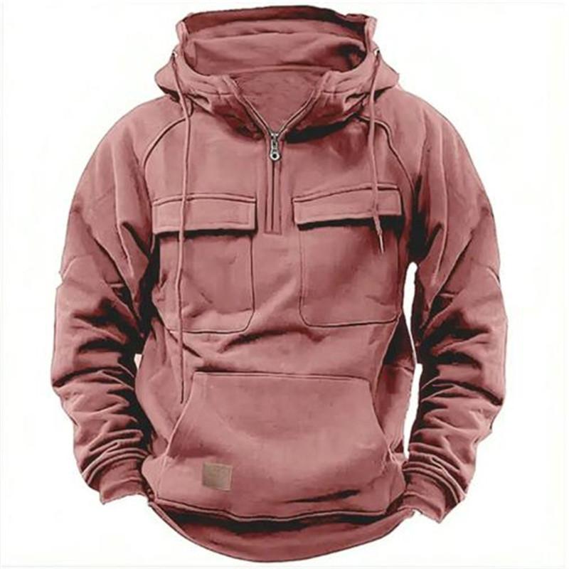 Autumn Winter Hoodies Men Half-zip Patchwork Warm Sweatshirts Multi Pockets Male Casual Pullover Outdoor Hoodie