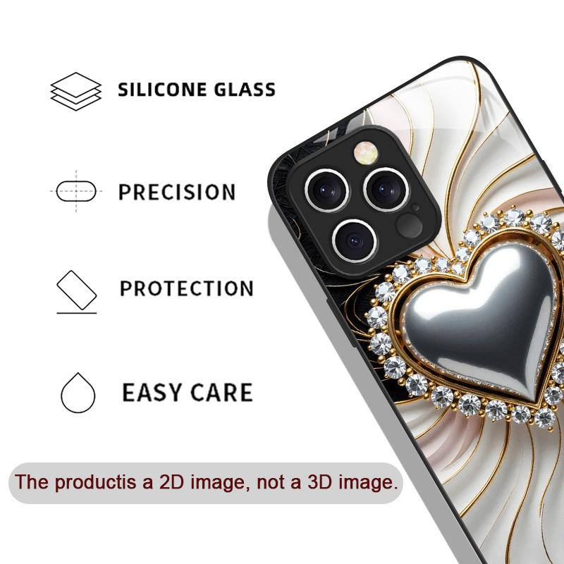 Stylish Black White Heart with Pearls Tempered Glass Phone Case for IPhone 17 16 Pro Max 15 14 13 12 Mini 11 X XS 7 8 Plus Cover