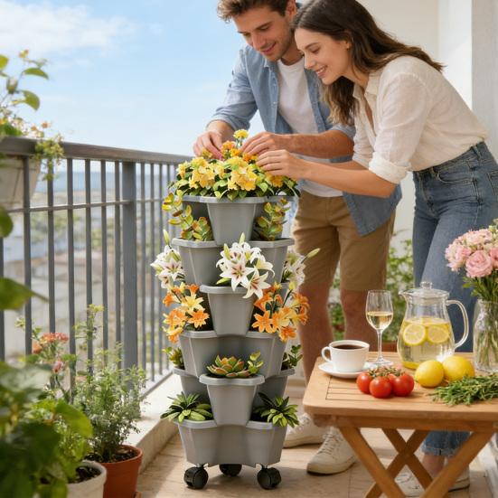 Vaso per Piante per Torre di Piante Fioriera Verticale Fioriera con Sottovaso Salvaspazio Fioriera Impilabile per Giardinaggio Urbano Fioriera Rialzata Balcone Terrazzo