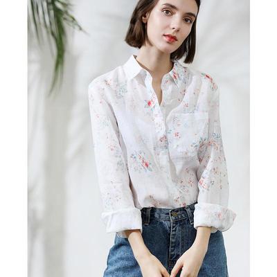 2020 Spring/Summer Artistic Floral Ramie Long Sleeve Top for Women