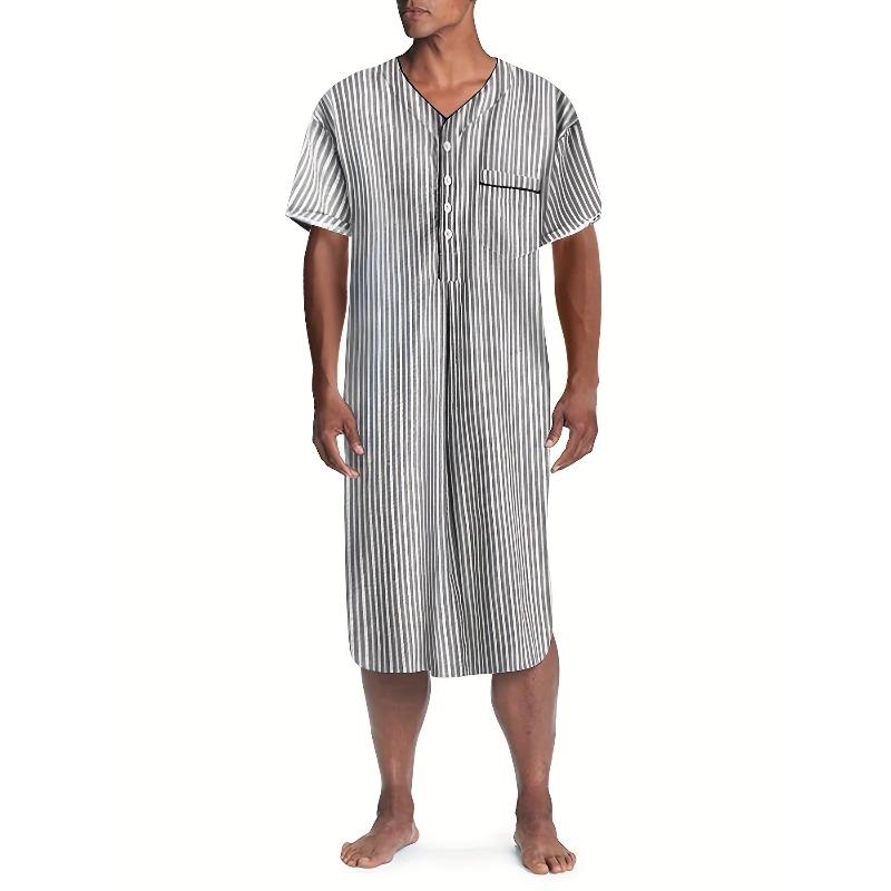 Men Casual Short Sleeve V-neck One-piece Striped Nightgown Leisure Loose Bathrobe Comfortable Homewear