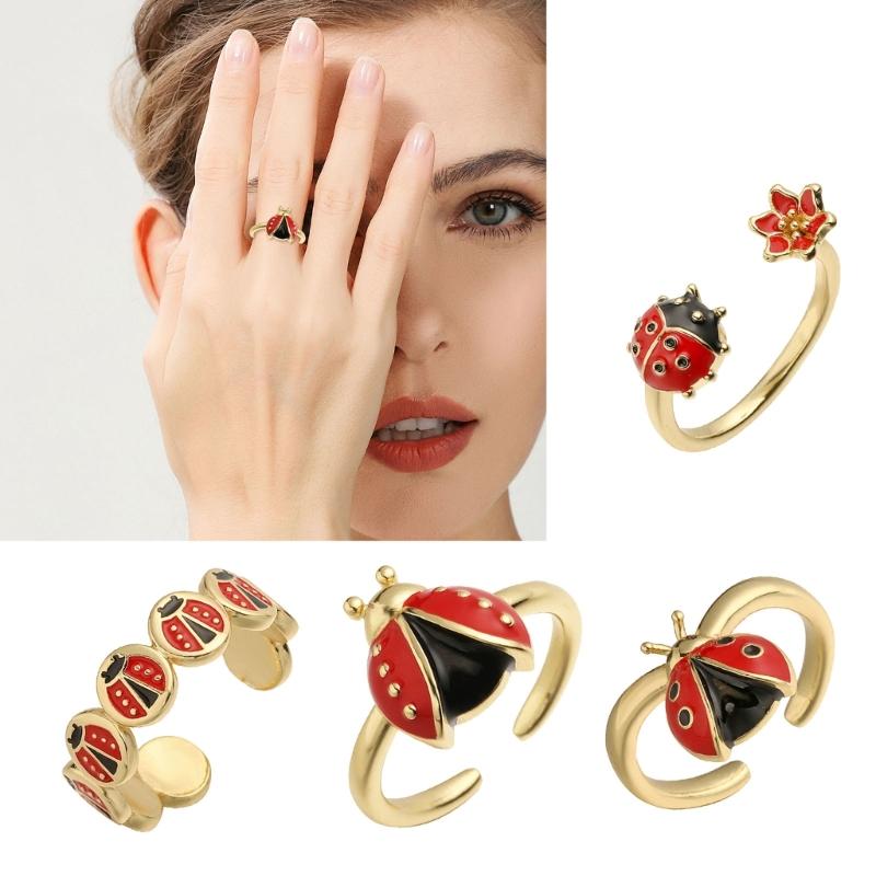 Marienkäfer Ring zum Öffnen Buntes Drip-Glasur Kunstwerk auf Kupfer Leichter Schmuck für Damen Modeaccessoires