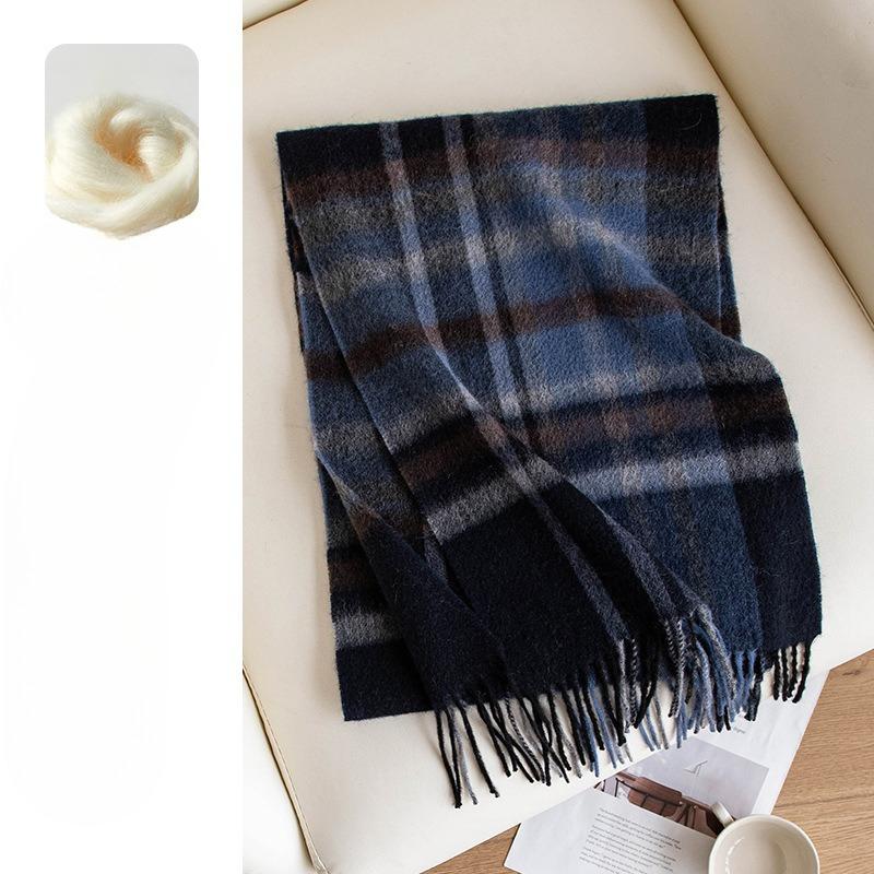 Korean Atmosphere Scarf Pure Cashmere Blue Plaid Scarf for Men Winter High End Cashmere Scarf for Women