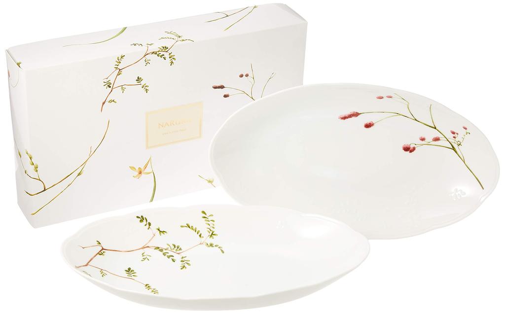 NARUMI Bowl and Plate Set, "Sato Hanagoyomi" (Sato Hana Goyomi) Design, 32cm Diameter, Green, Floral Pattern, Set of 2, Cute Oval Bowls, Wedding Gift,