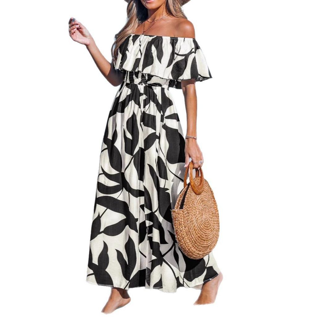 European and American Women's Clothing High Split Ends Women's Dress Leaf Print Long Dress Short Sleeve One-word Shoulder Holiday Style Skirt