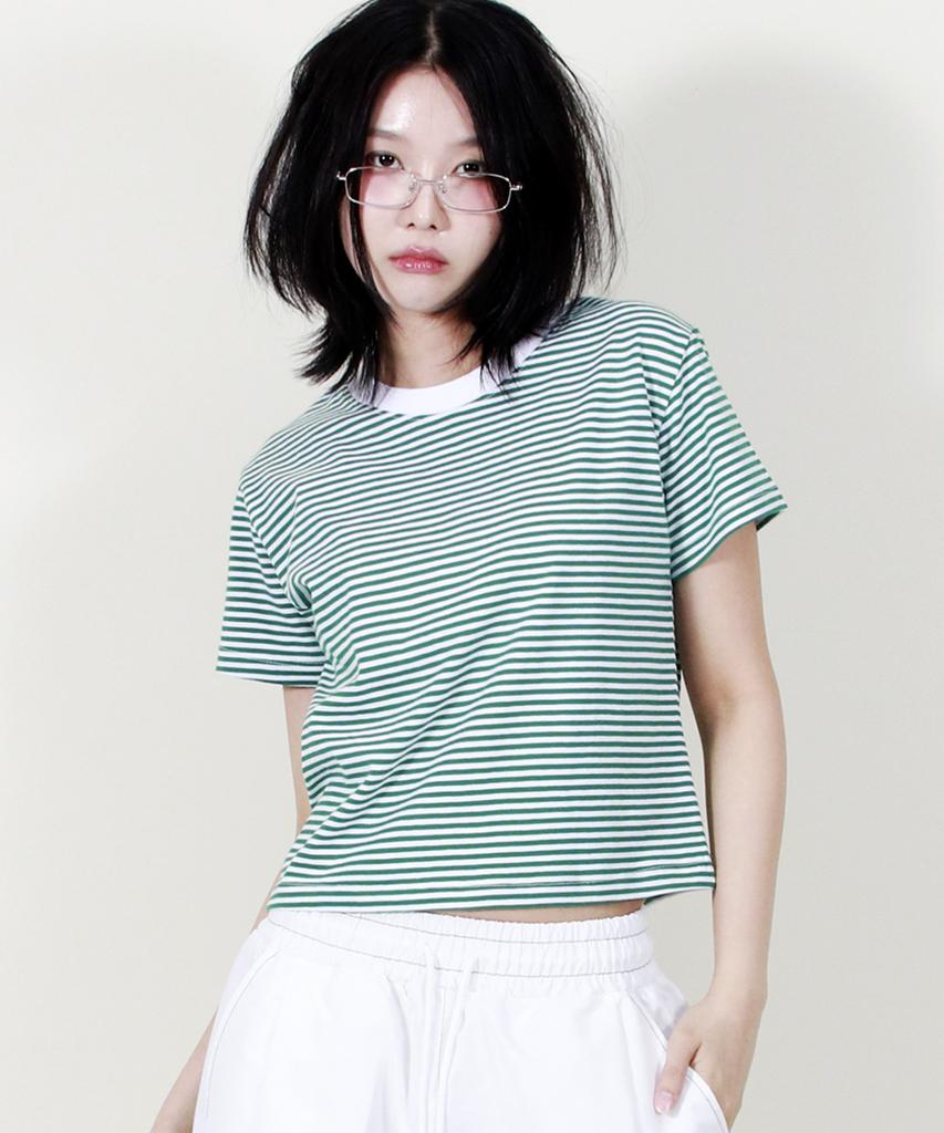 Deumakeu Striped Semi-Crop Short Sleeve T-Shirt Green