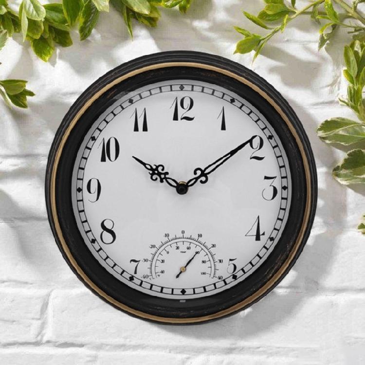 12inch Retro Waterproof Clock with Thermometer Outdoor Garden Yard Decoration