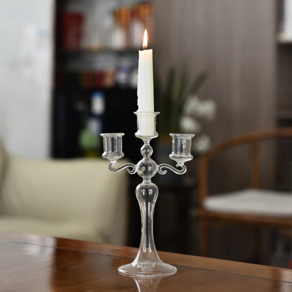Creative 3 Heads Retro Glass Candlestick Romantic Candlelight Dinner Colorful Candle Stand  Home Decor Wedding Party Decoration