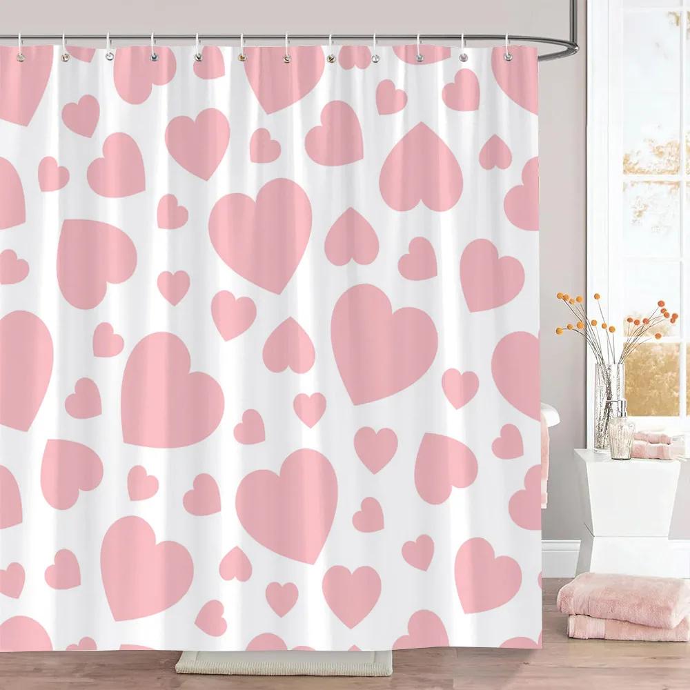 Pink Heart Shower Curtain Holiday Gift Geometric Lines Simple Modern Polyester Fabric Shower Curtains Bathroom Decor with Hooks