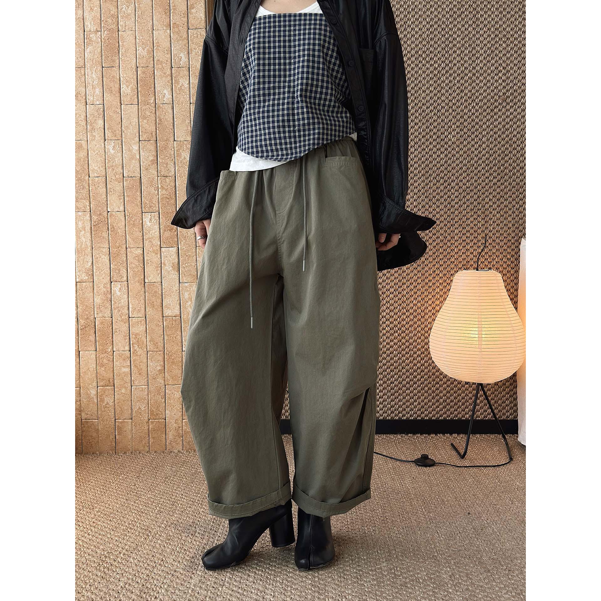 

Xu Man Women s Spring Retro Workwear Cotton Crop Pants with Elastic Drawstring and Pockets One Size армия зеленый
