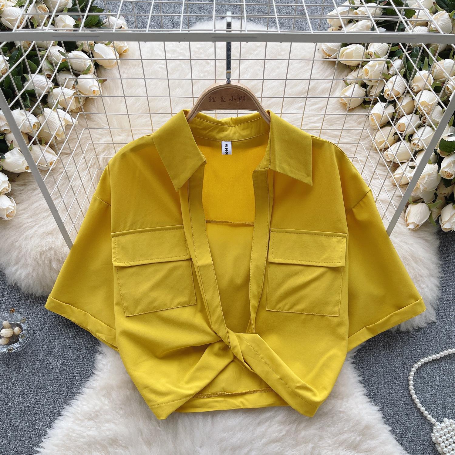 

Женская милая крутая рубашка с коротким рукавом в стиле «горячая красотка», летняя рубашка с V-образным вырезом, скрученная, абсолютная красота, топ без воротника One size жёлтый