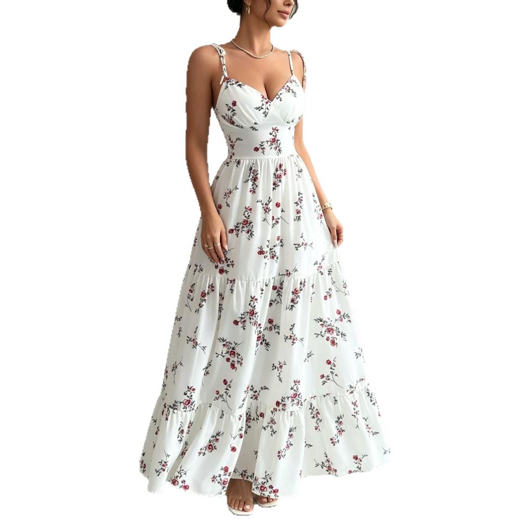 Sommerliches neues V-Ausschnitt, figurbetontes und dünnes, geblümtes langes Kleid, bedrucktes Feen-Trägerkleid