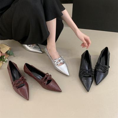 Silver Mary Jane Shoes Light Mouth Lace-up Bow Spring 2025 New Soft Flat French Evening Single Shoes Women's Shoes