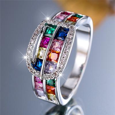 Luxury Female Small Rainbow Zircon Stone Finger Ring Vintage Silver Color Wedding Band Bridal  For Women