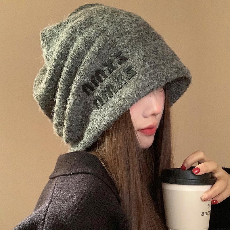 Wool gray knitted pile hat women's season big head circumference warm hat ear protector head cold hat showing small face