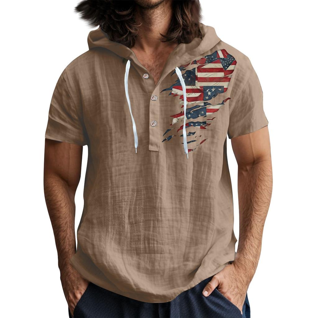 Men'S Casual Short Sleeved Hooded Top Buttoned Open Neck T-Shirt