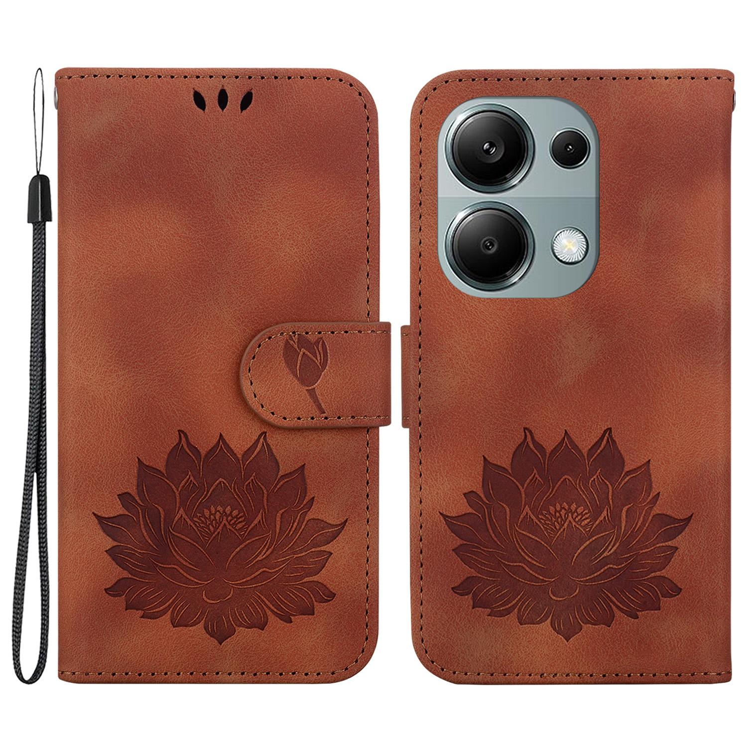 

For Xiaomi Redmi Note 13 Pro 4G/Poco M6 Pro 4G Case Lotus Pattern Leather Phone Cover with Card Slots Brown