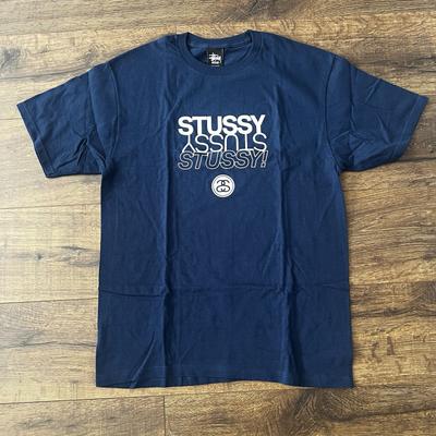 UUS Stussy Kolmekordne T-särk Lühikeste varrukatega Mereväesinine Autentne Deadstock Suurus M Unisex T-särk