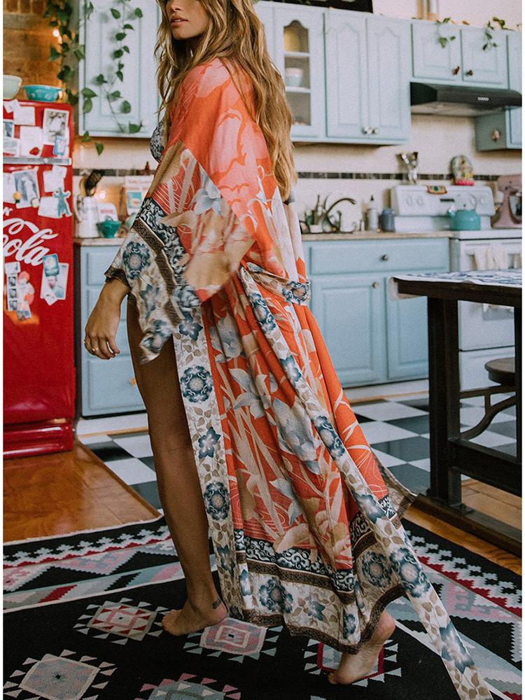 European-American Cotton Floral Kimono Cardigan - Beach Cover-up & Sun Protection 5D58