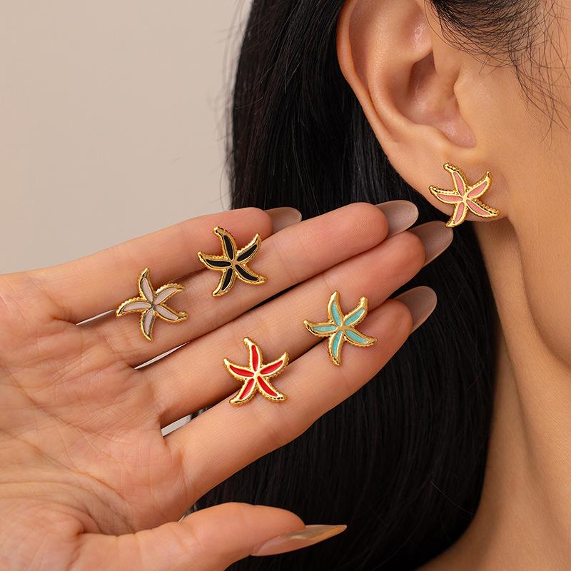 Starfish Enamel Titanium Steel Stud Earrings - Beach Ocean Style for Women, European-Inspired Stainless Steel Ear Ornaments
