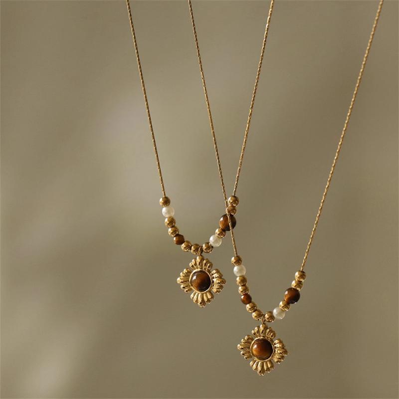 Maillard Style Brown Flower Pendant Tiger Eye Stone Bead Chain Necklace for Women Fashion Charm Chokers Collar Chic Cast Jewelry