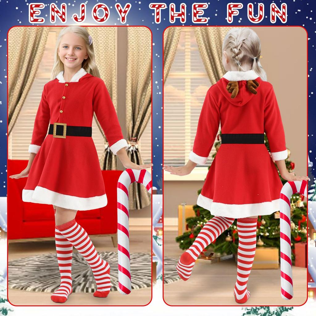 Joyesplay Christmas Cosplay Santa Claus Costume for Set with Santa and Cute Christmas Outfit with Reindeer Perfect for School Stage and Gift Girls,