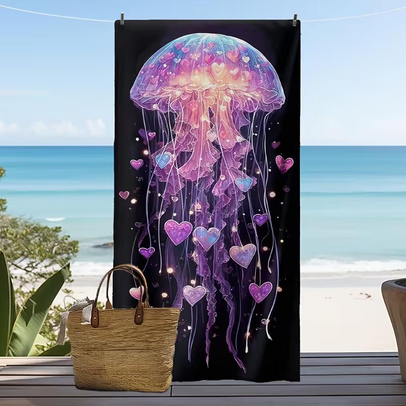 Psychedelic Jellyfish Hearts Beach Towel Girly Magical Glowing Jellyfish Design Quick Dry Absorbent Sandproof Towel for Summer